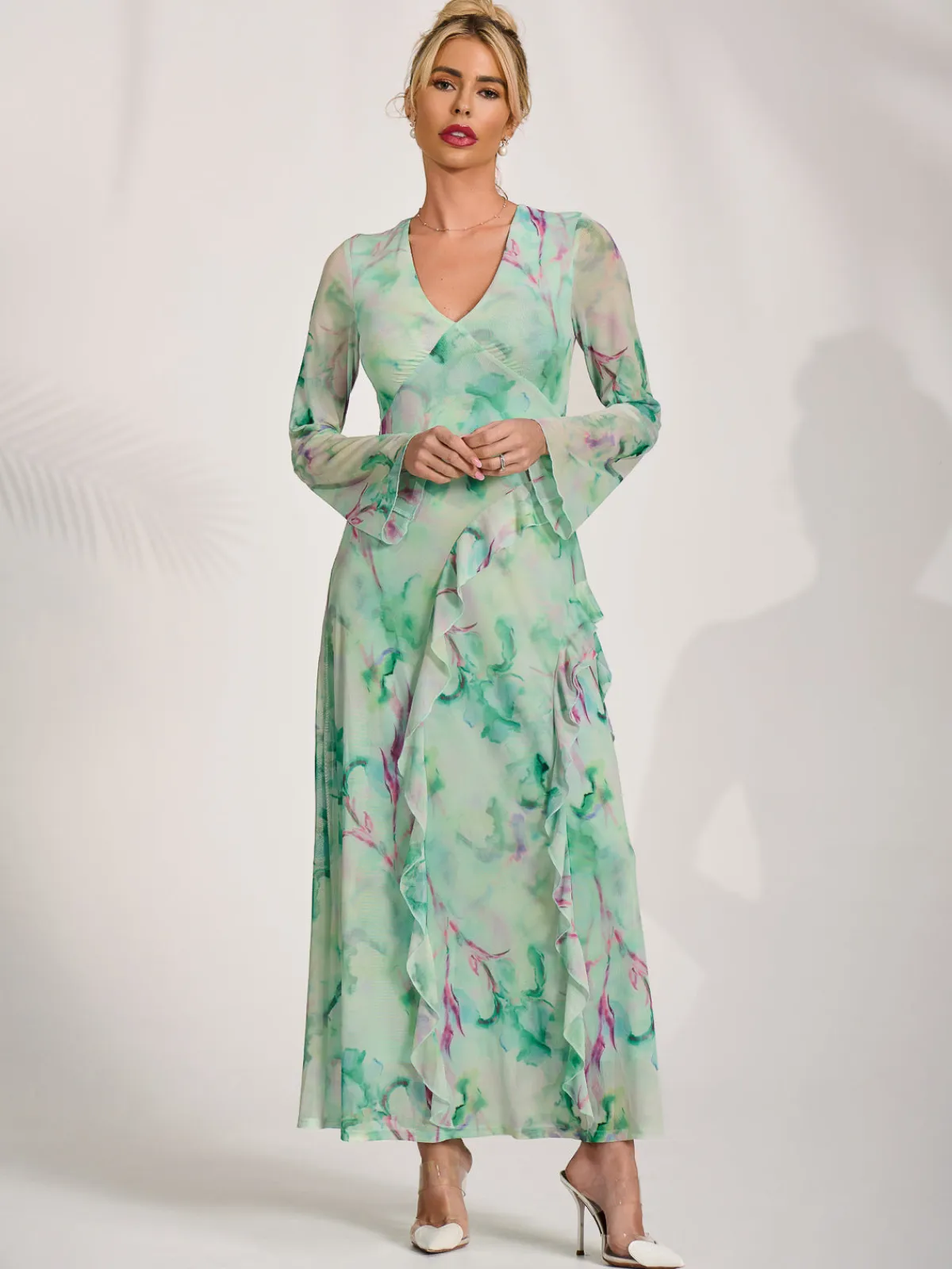 Jolie Moi Occasion Dresses|Mesh Dresses-Long Sleeve Ruffle Mesh Maxi Dress, Green Abstract