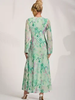Jolie Moi Occasion Dresses|Mesh Dresses-Long Sleeve Ruffle Mesh Maxi Dress, Green Abstract