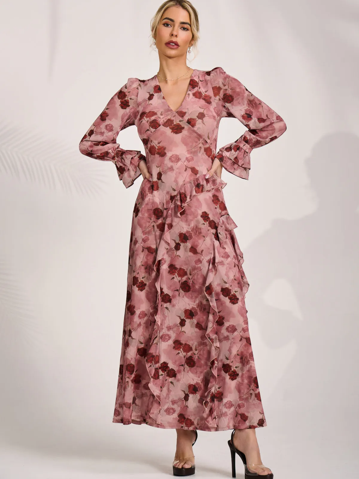 Jolie Moi Occasion Dresses|Mesh Dresses-Long Sleeve Ruffle Mesh Maxi Dress, Pink Floral