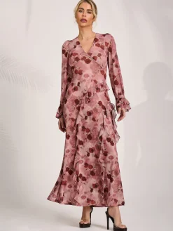 Jolie Moi Occasion Dresses|Mesh Dresses-Long Sleeve Ruffle Mesh Maxi Dress, Pink Floral