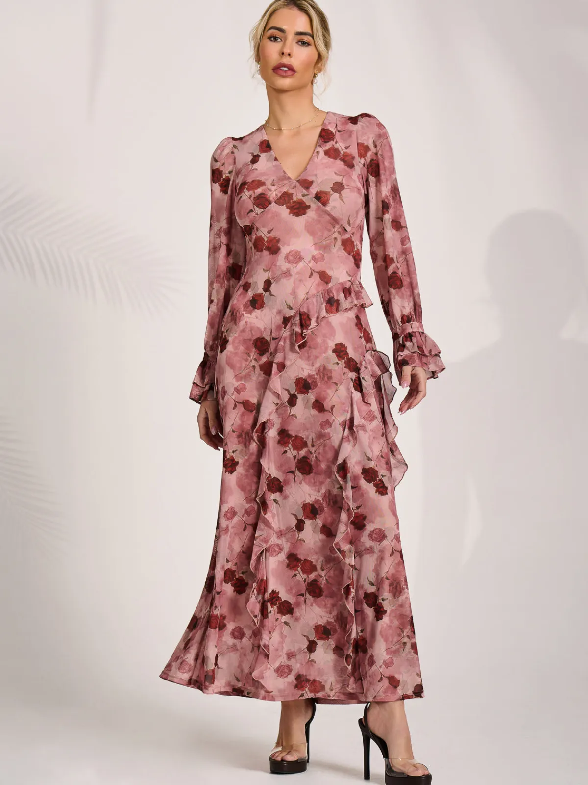 Jolie Moi Occasion Dresses|Mesh Dresses-Long Sleeve Ruffle Mesh Maxi Dress, Pink Floral