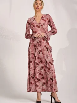 Jolie Moi Occasion Dresses|Mesh Dresses-Long Sleeve Ruffle Mesh Maxi Dress, Pink Floral