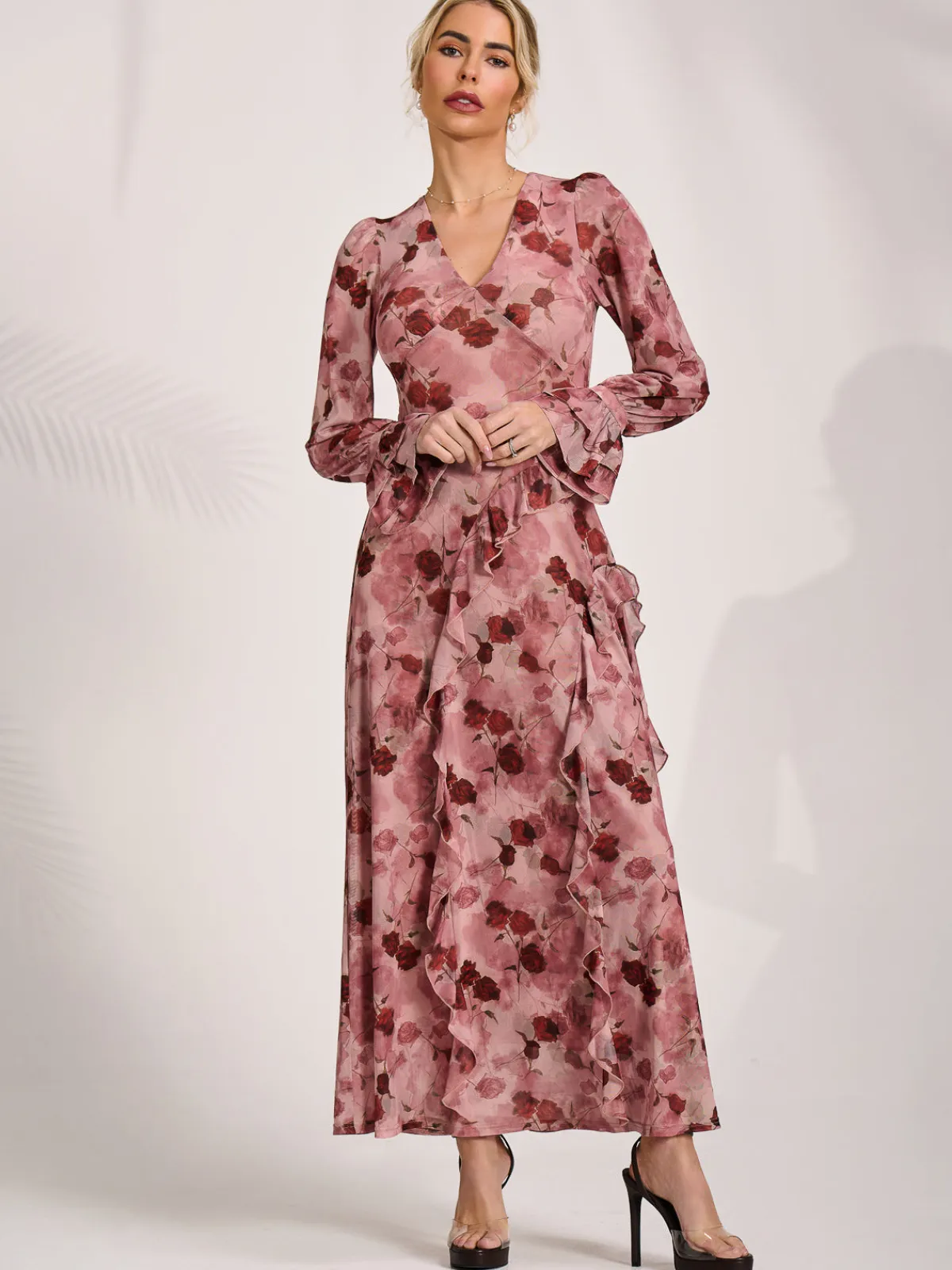 Jolie Moi Occasion Dresses|Mesh Dresses-Long Sleeve Ruffle Mesh Maxi Dress, Pink Floral