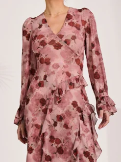 Jolie Moi Occasion Dresses|Mesh Dresses-Long Sleeve Ruffle Mesh Maxi Dress, Pink Floral