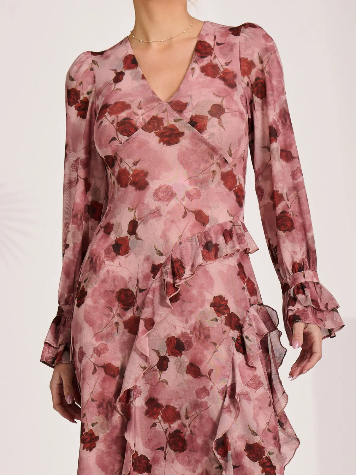 Jolie Moi Occasion Dresses|Mesh Dresses-Long Sleeve Ruffle Mesh Maxi Dress, Pink Floral