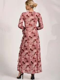 Jolie Moi Occasion Dresses|Mesh Dresses-Long Sleeve Ruffle Mesh Maxi Dress, Pink Floral