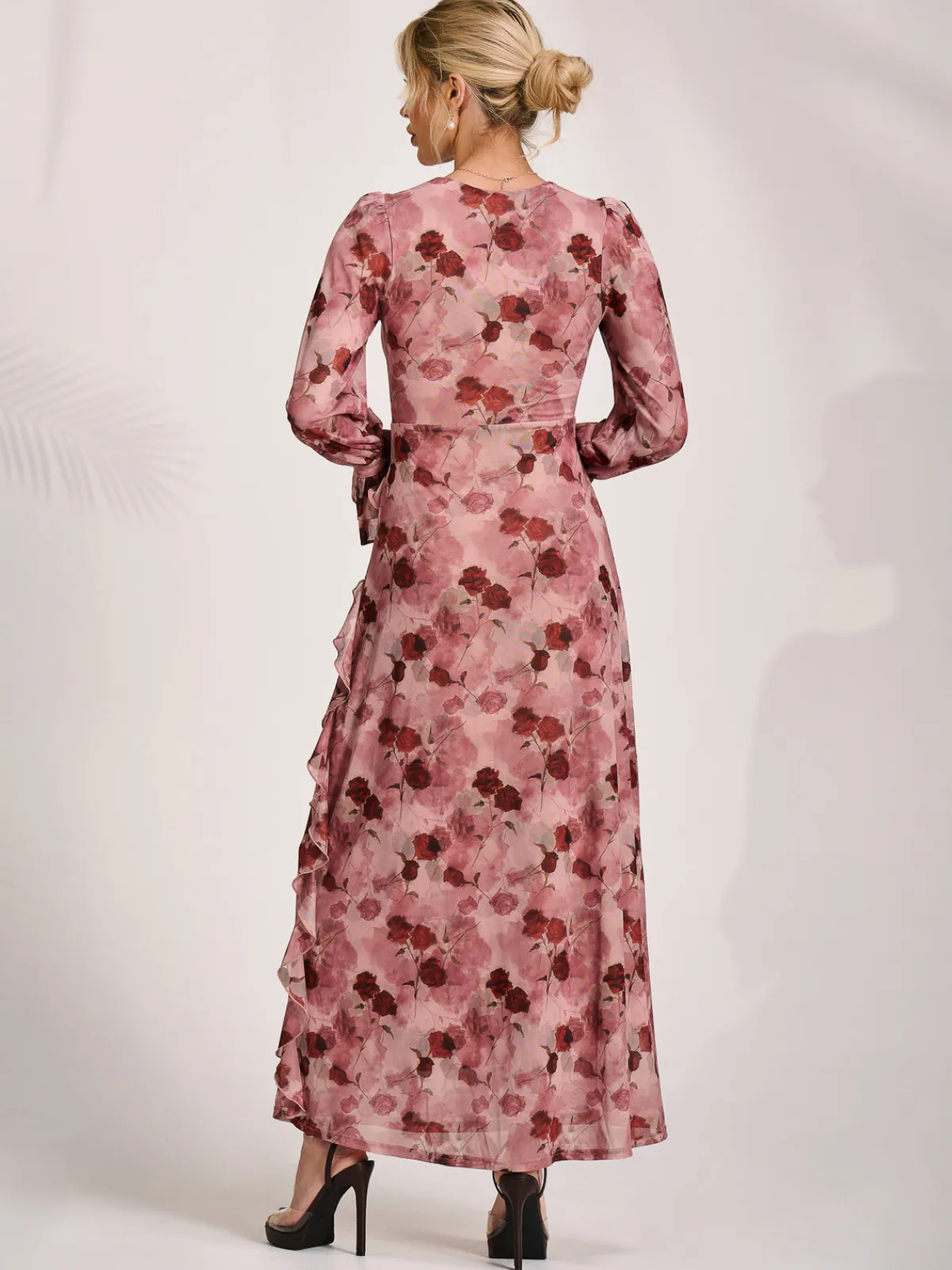 Jolie Moi Occasion Dresses|Mesh Dresses-Long Sleeve Ruffle Mesh Maxi Dress, Pink Floral