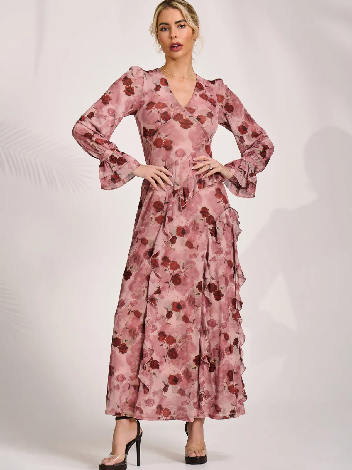 Jolie Moi Occasion Dresses|Mesh Dresses-Long Sleeve Ruffle Mesh Maxi Dress, Pink Floral