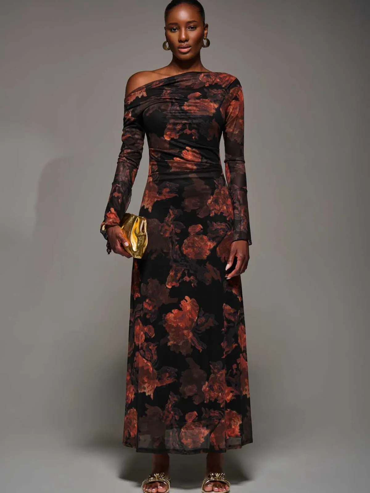 Jolie Moi Occasion Dresses|Mesh Dresses-Long Sleeve Slash Neck Maxi Dress, Amber Haze