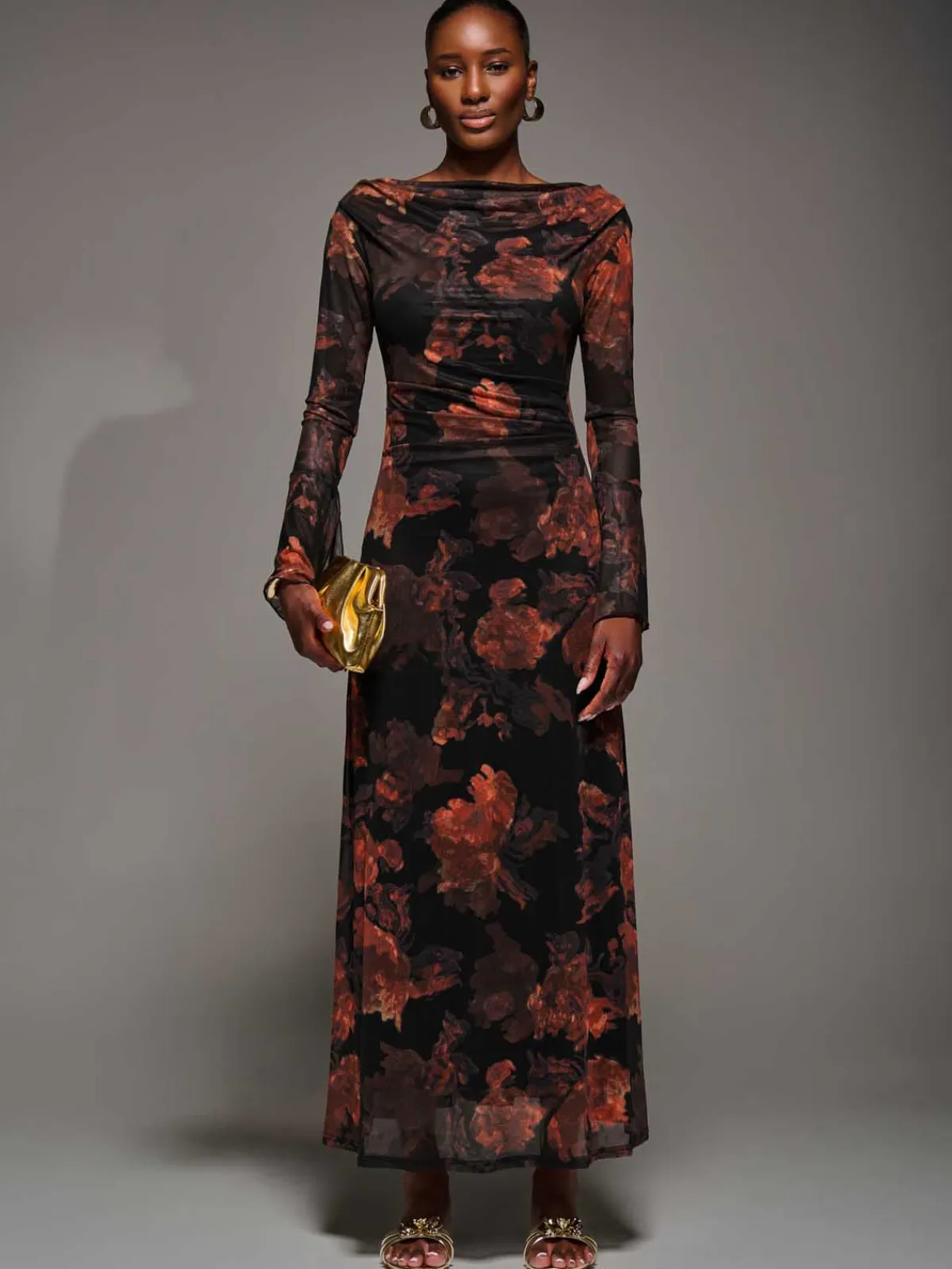 Jolie Moi Occasion Dresses|Mesh Dresses-Long Sleeve Slash Neck Maxi Dress, Amber Haze