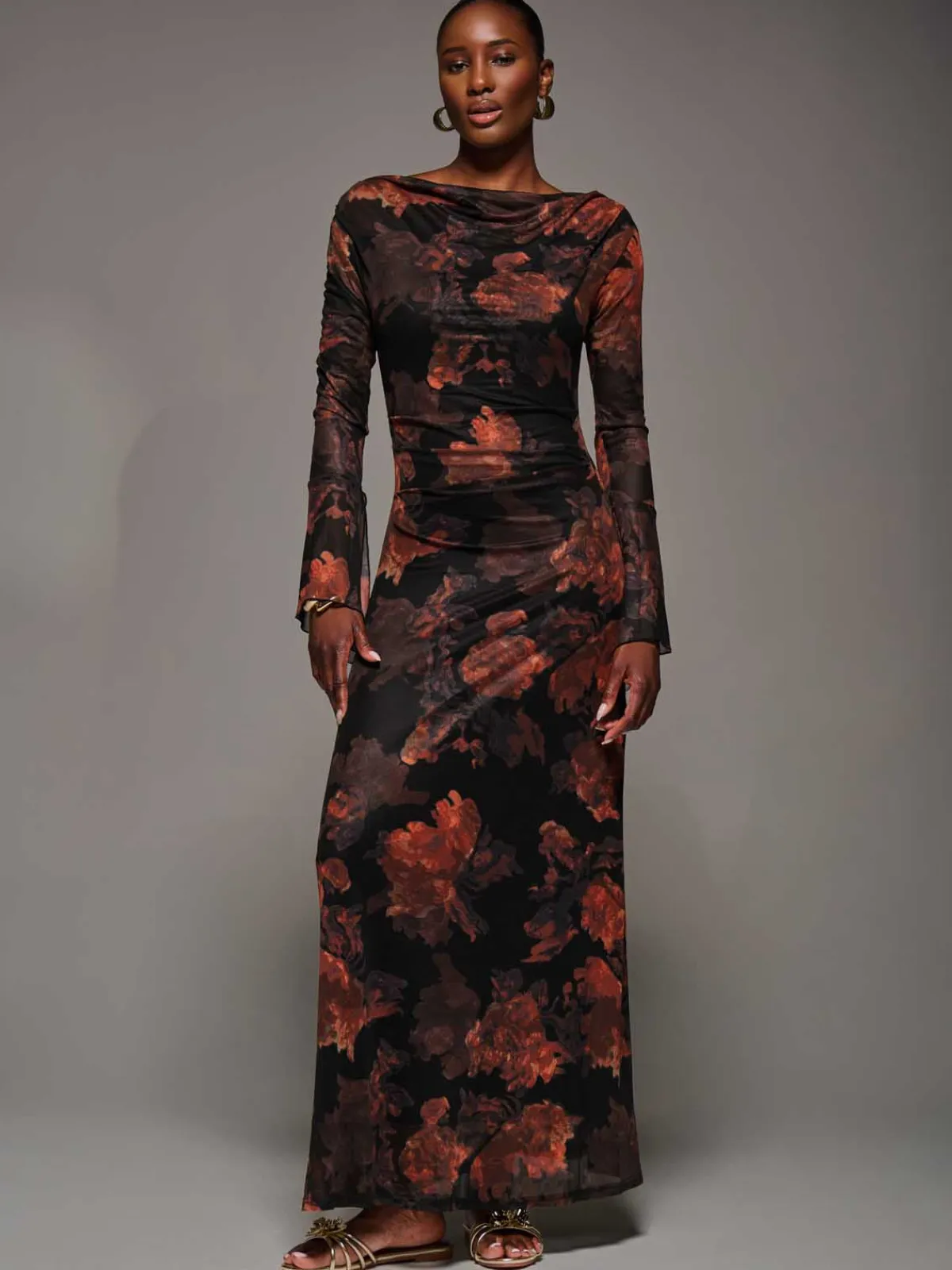 Jolie Moi Occasion Dresses|Mesh Dresses-Long Sleeve Slash Neck Maxi Dress, Amber Haze