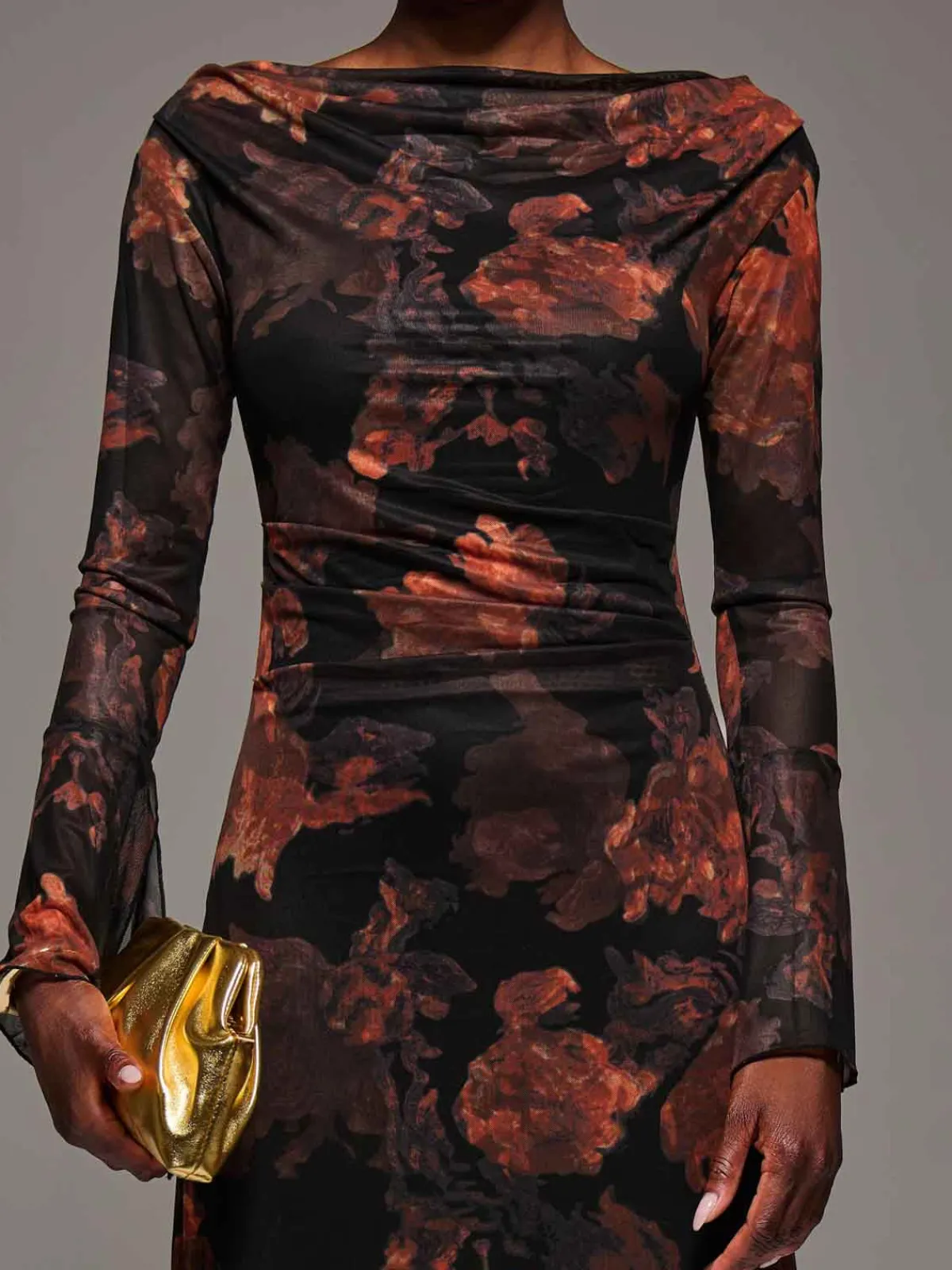 Jolie Moi Occasion Dresses|Mesh Dresses-Long Sleeve Slash Neck Maxi Dress, Amber Haze