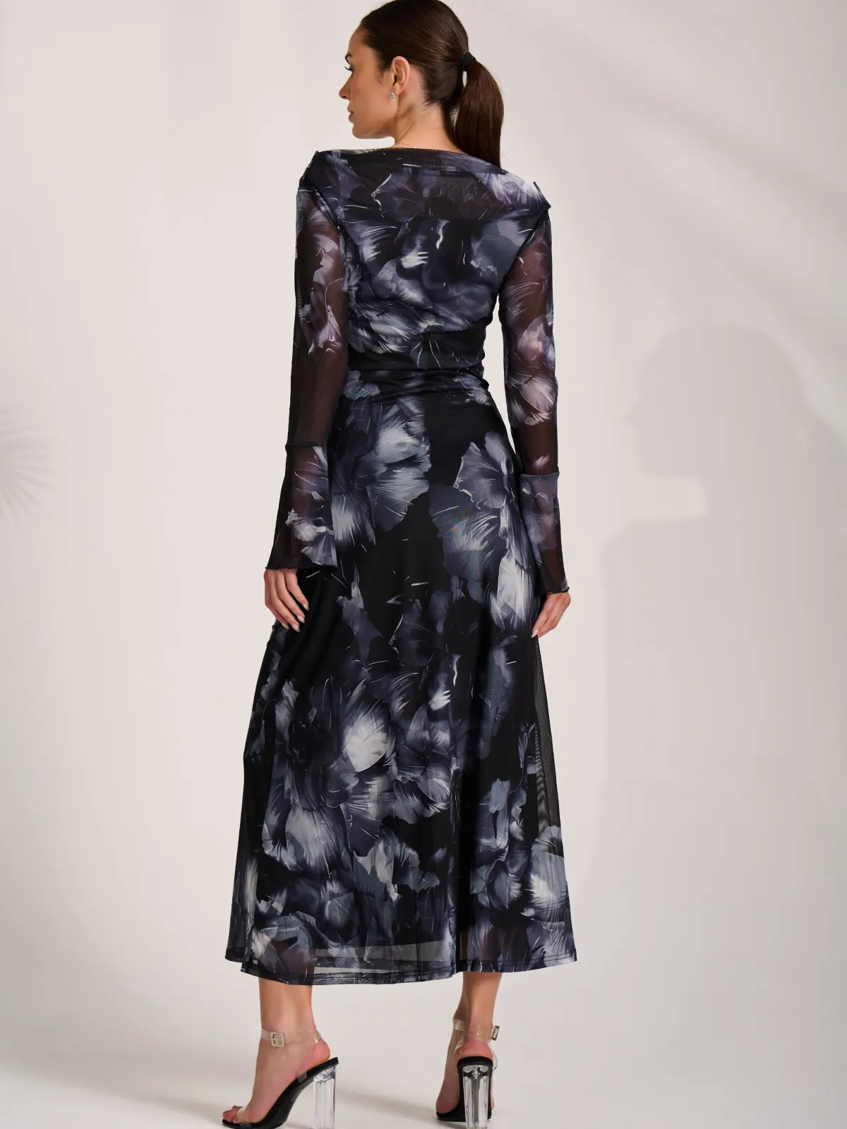 Jolie Moi Occasion Dresses|Party Dresses-Long Sleeve Slash Neck Maxi Dress, Black Abstract