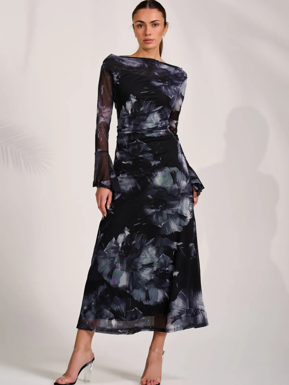 Jolie Moi Occasion Dresses|Party Dresses-Long Sleeve Slash Neck Maxi Dress, Black Abstract