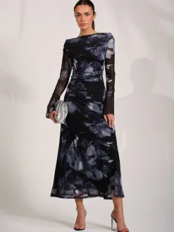 Jolie Moi Occasion Dresses|Party Dresses-Long Sleeve Slash Neck Maxi Dress, Black Abstract