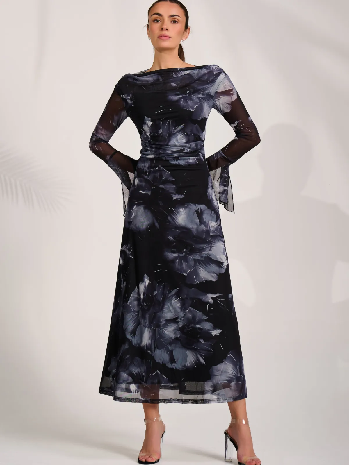 Jolie Moi Occasion Dresses|Party Dresses-Long Sleeve Slash Neck Maxi Dress, Black Abstract