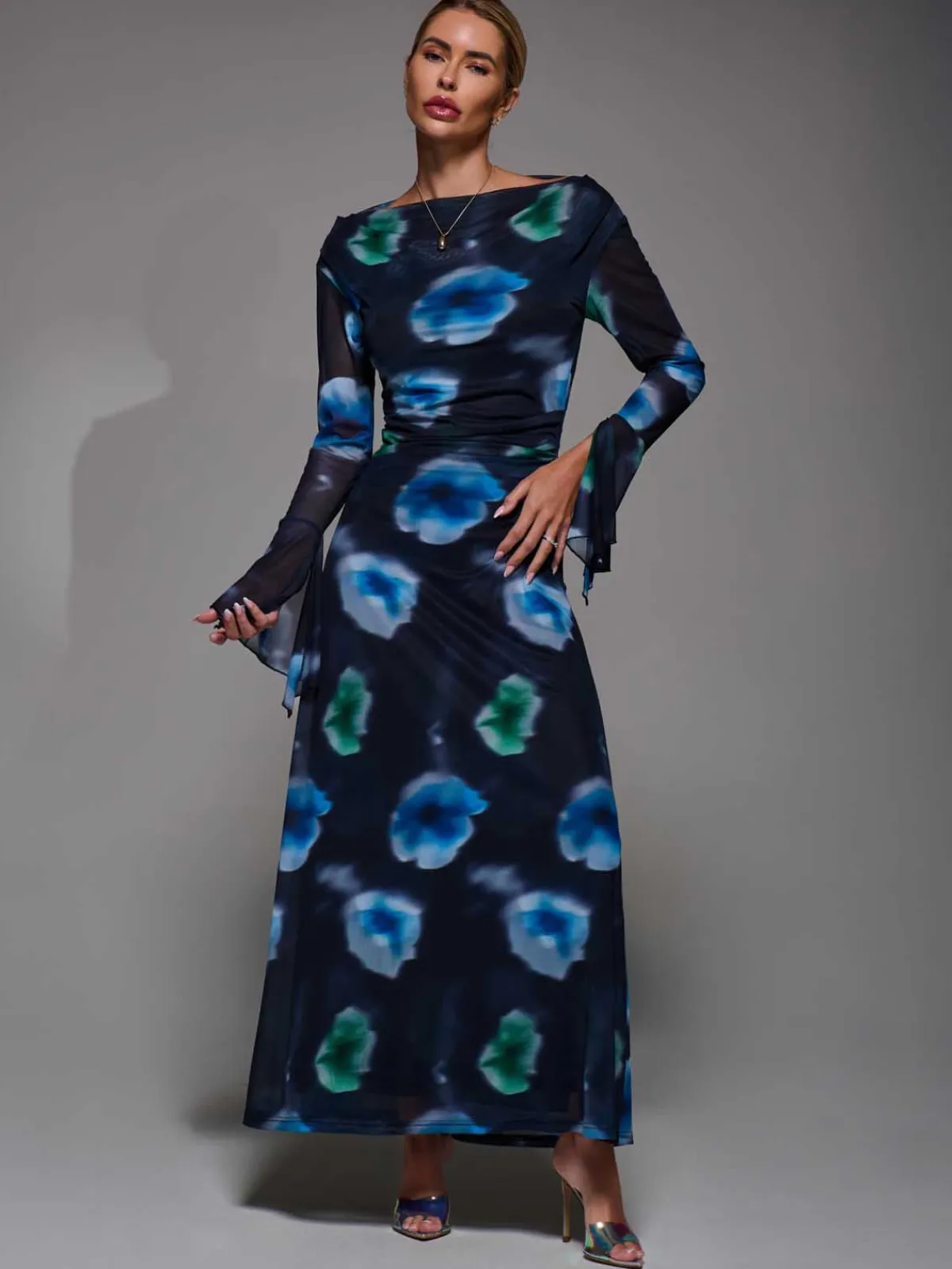 Jolie Moi Occasion Dresses|Floral Dresses-Long Sleeve Slash Neck Maxi Dress, Black Floral