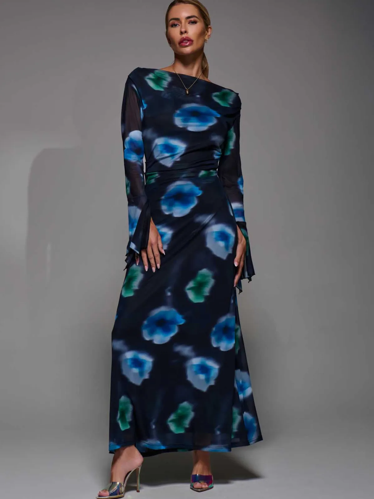 Jolie Moi Occasion Dresses|Floral Dresses-Long Sleeve Slash Neck Maxi Dress, Black Floral