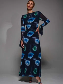 Jolie Moi Occasion Dresses|Floral Dresses-Long Sleeve Slash Neck Maxi Dress, Black Floral