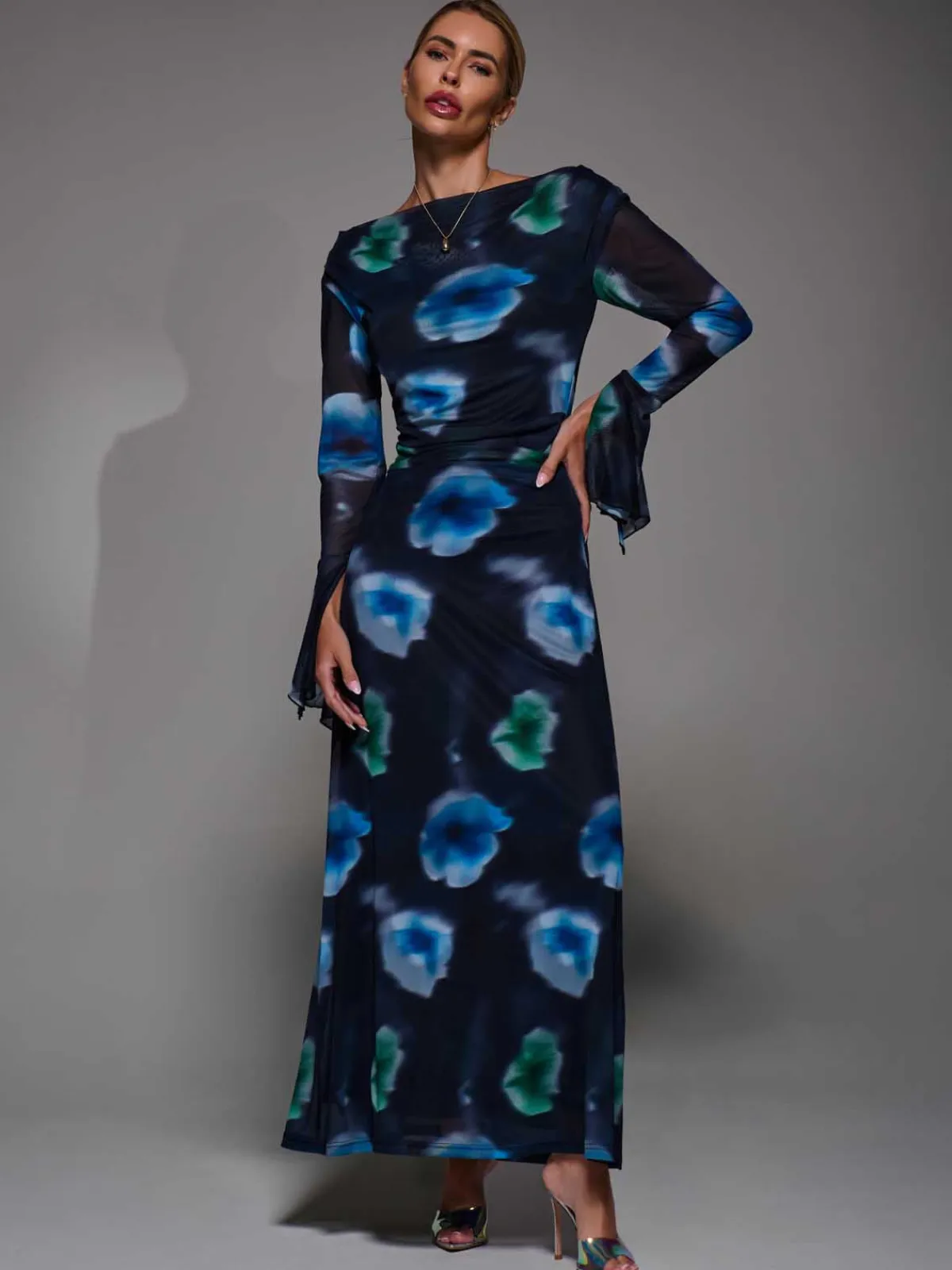 Jolie Moi Occasion Dresses|Floral Dresses-Long Sleeve Slash Neck Maxi Dress, Black Floral