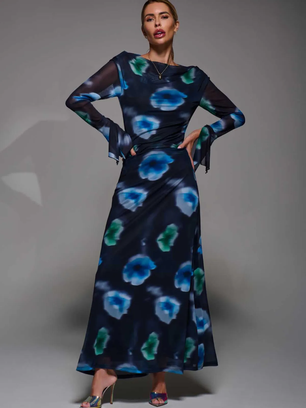 Jolie Moi Occasion Dresses|Floral Dresses-Long Sleeve Slash Neck Maxi Dress, Black Floral