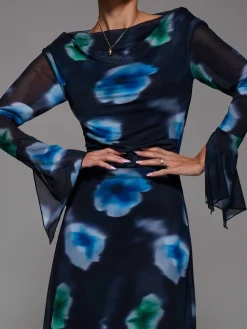 Jolie Moi Occasion Dresses|Floral Dresses-Long Sleeve Slash Neck Maxi Dress, Black Floral