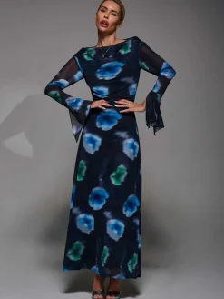 Jolie Moi Occasion Dresses|Floral Dresses-Long Sleeve Slash Neck Maxi Dress, Black Floral