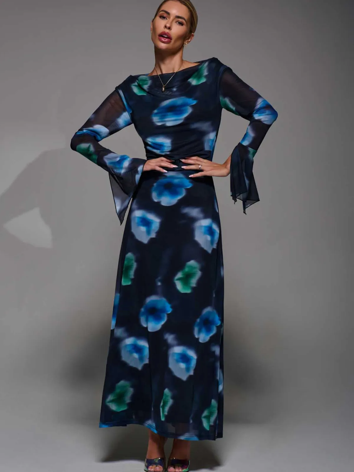 Jolie Moi Occasion Dresses|Floral Dresses-Long Sleeve Slash Neck Maxi Dress, Black Floral