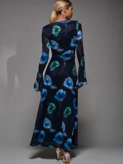 Jolie Moi Occasion Dresses|Floral Dresses-Long Sleeve Slash Neck Maxi Dress, Black Floral