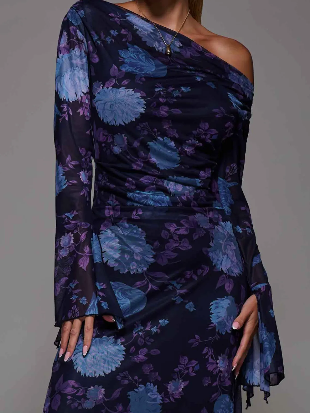 Jolie Moi Occasion Dresses|Floral Dresses-Long Sleeve Slash Neck Maxi Dress, Purple Floral