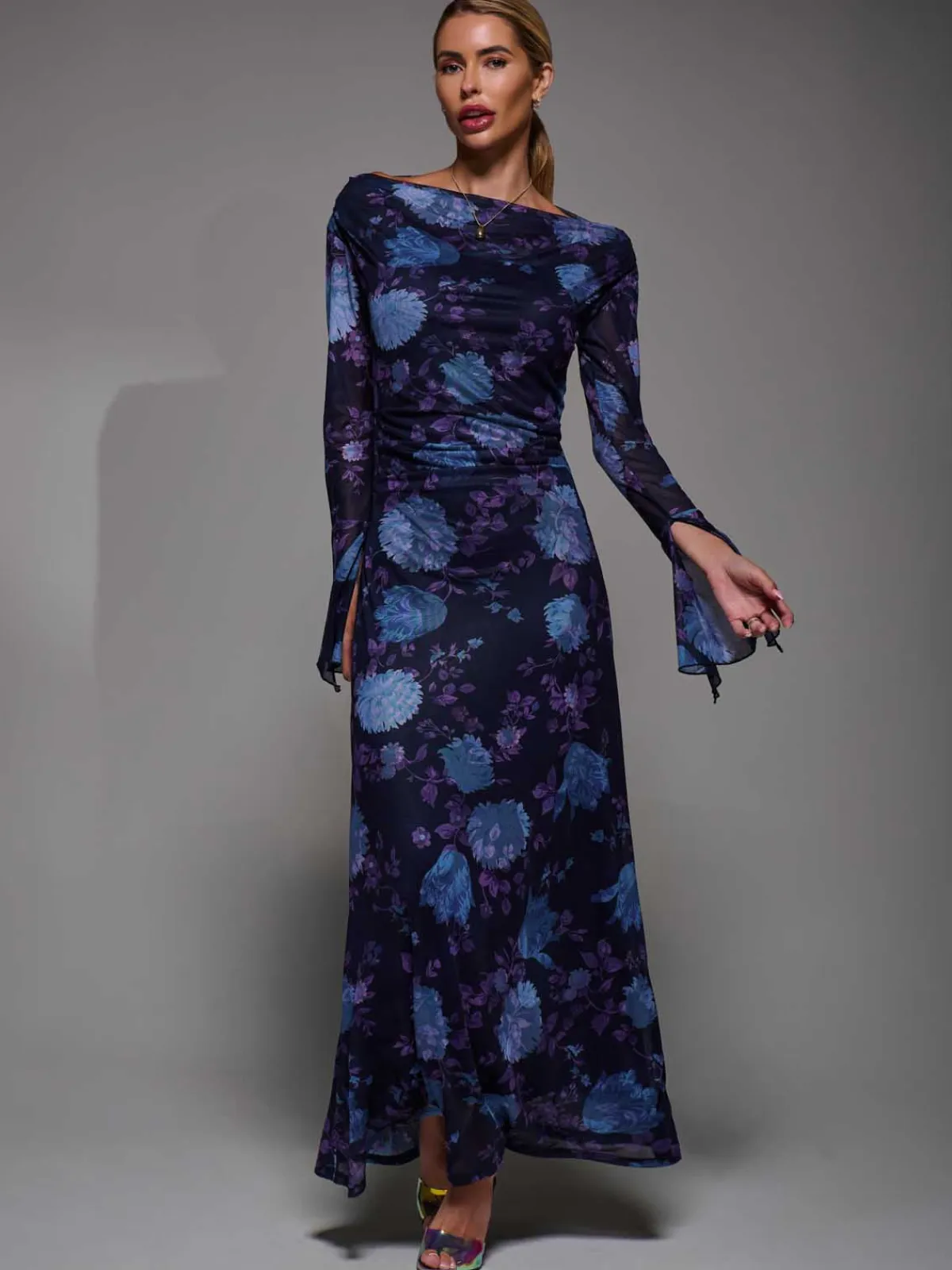 Jolie Moi Occasion Dresses|Floral Dresses-Long Sleeve Slash Neck Maxi Dress, Purple Floral