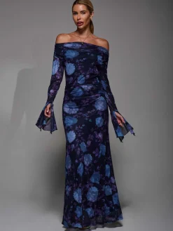 Jolie Moi Occasion Dresses|Floral Dresses-Long Sleeve Slash Neck Maxi Dress, Purple Floral