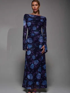 Jolie Moi Occasion Dresses|Floral Dresses-Long Sleeve Slash Neck Maxi Dress, Purple Floral