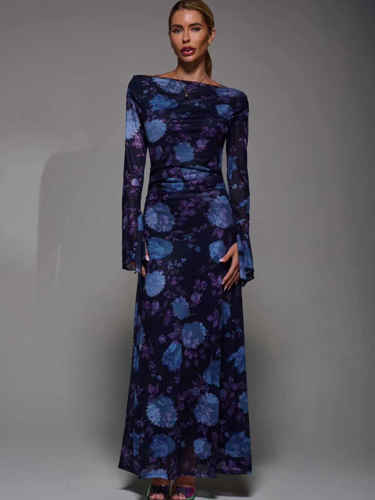 Jolie Moi Occasion Dresses|Floral Dresses-Long Sleeve Slash Neck Maxi Dress, Purple Floral