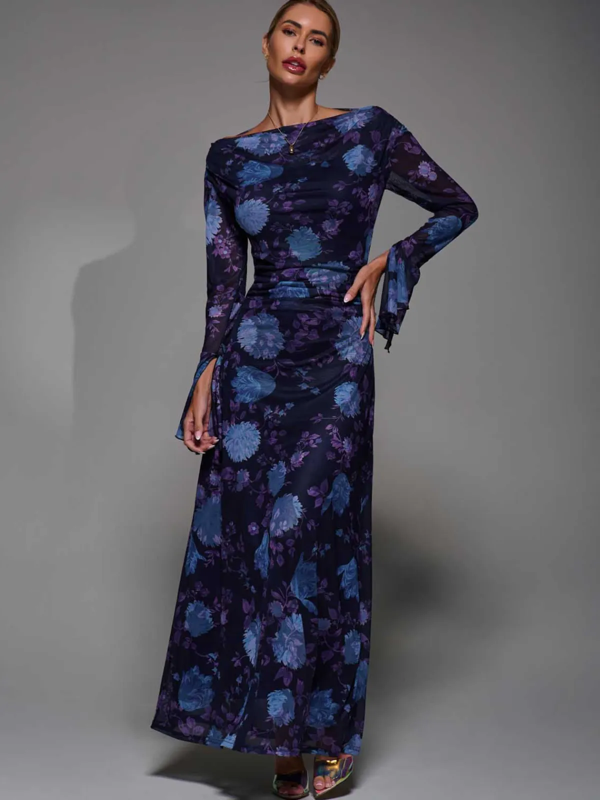 Jolie Moi Occasion Dresses|Floral Dresses-Long Sleeve Slash Neck Maxi Dress, Purple Floral