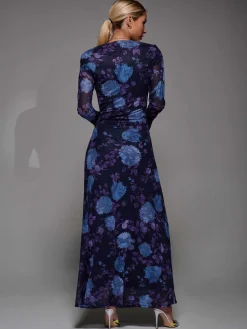 Jolie Moi Occasion Dresses|Floral Dresses-Long Sleeve Slash Neck Maxi Dress, Purple Floral