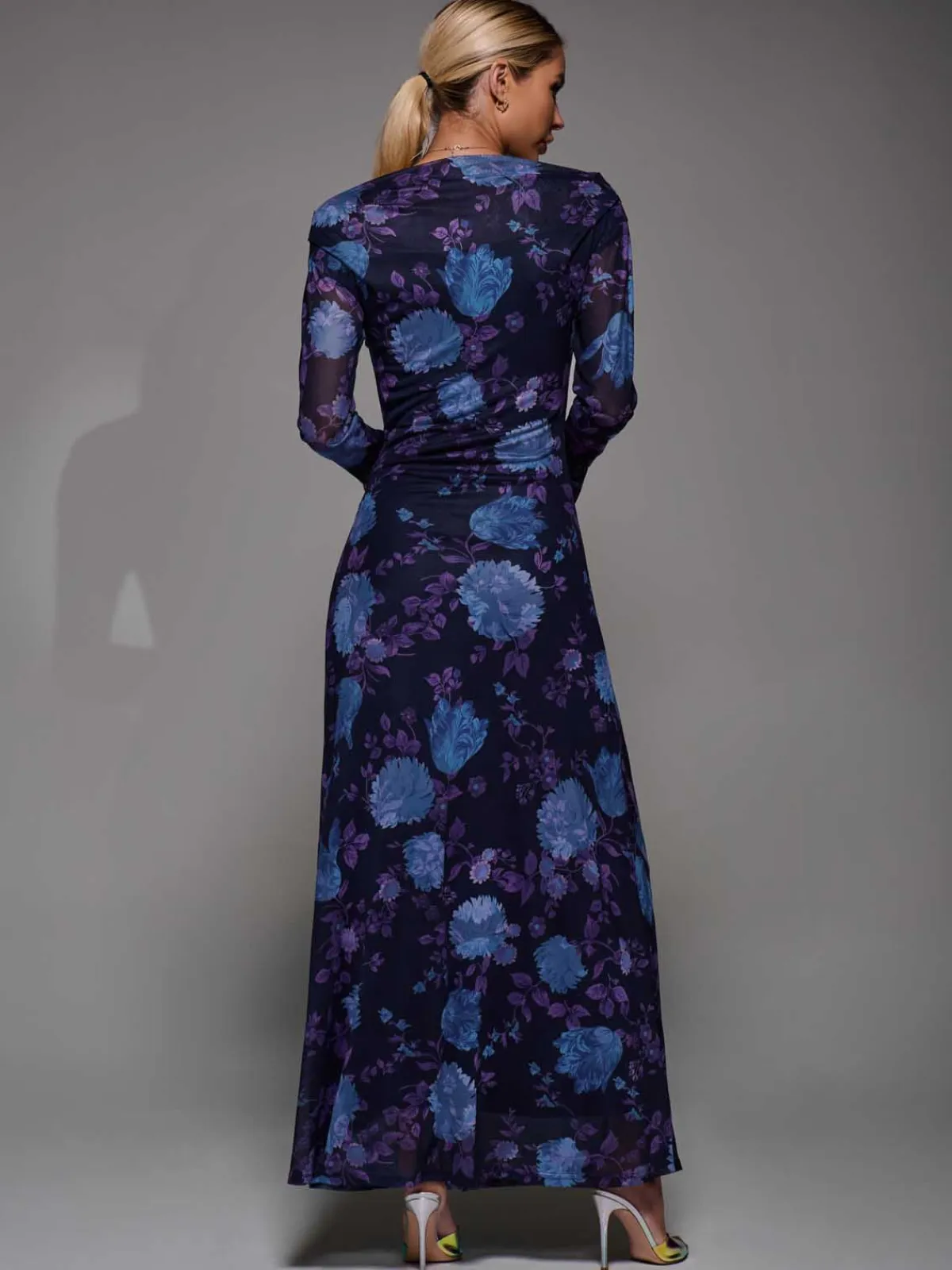 Jolie Moi Occasion Dresses|Floral Dresses-Long Sleeve Slash Neck Maxi Dress, Purple Floral