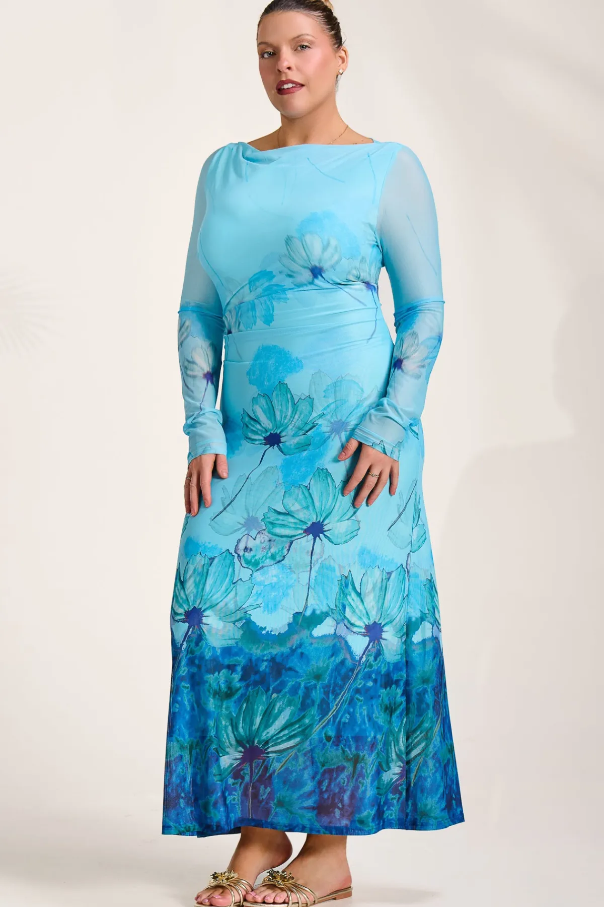 Jolie Moi Occasion Dresses|Floral Dresses-Long Sleeve Slash Neck Mesh Maxi Dress, Blue Floral