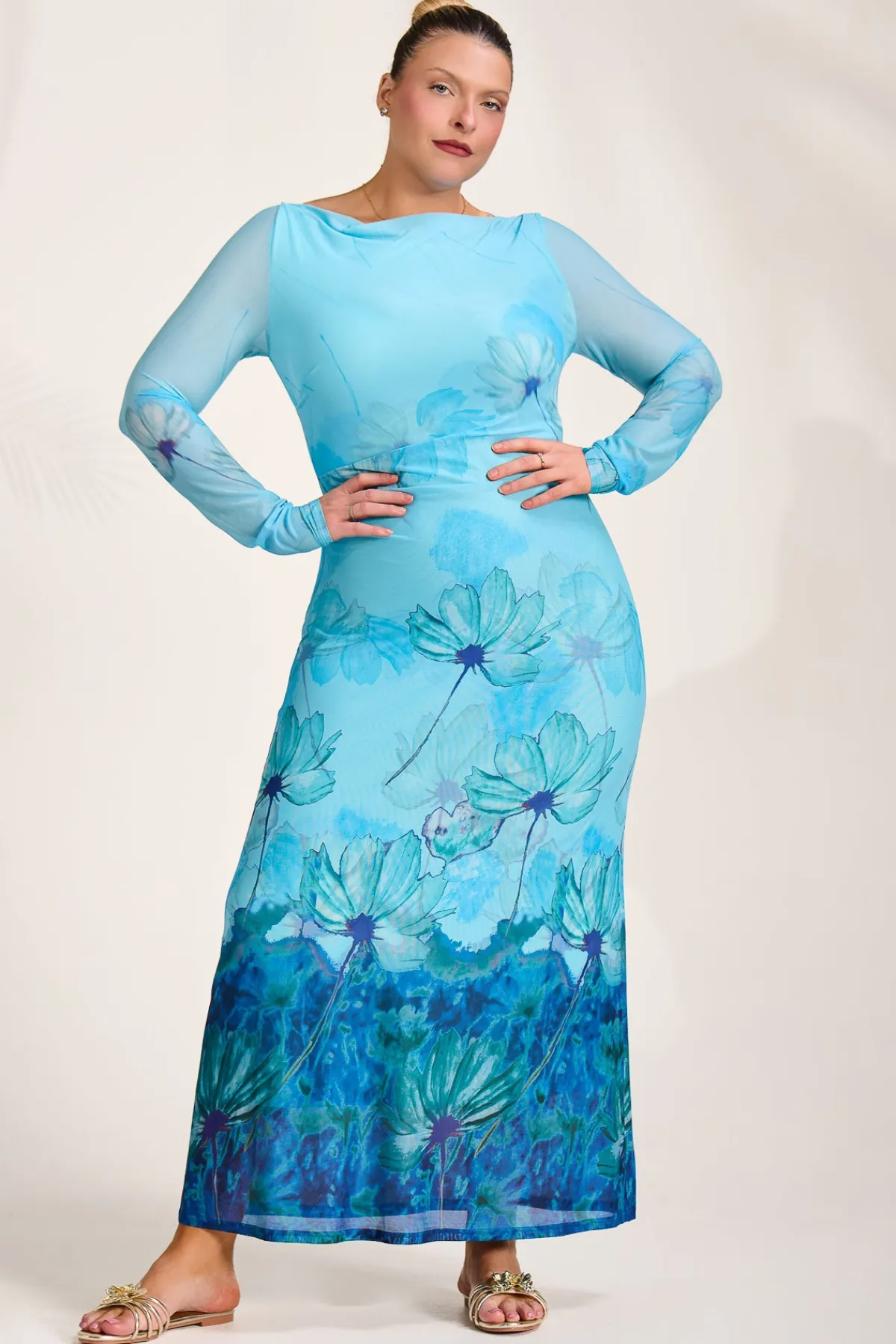 Jolie Moi Occasion Dresses|Floral Dresses-Long Sleeve Slash Neck Mesh Maxi Dress, Blue Floral