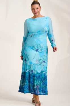 Jolie Moi Occasion Dresses|Floral Dresses-Long Sleeve Slash Neck Mesh Maxi Dress, Blue Floral