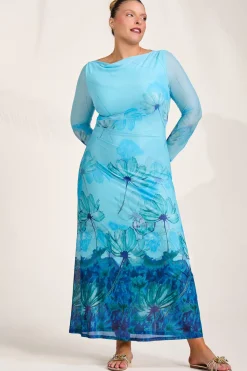 Jolie Moi Occasion Dresses|Floral Dresses-Long Sleeve Slash Neck Mesh Maxi Dress, Blue Floral