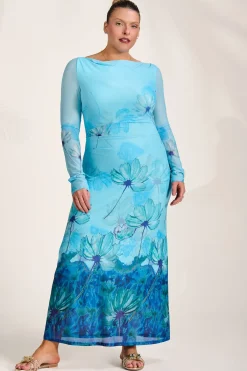 Jolie Moi Occasion Dresses|Floral Dresses-Long Sleeve Slash Neck Mesh Maxi Dress, Blue Floral