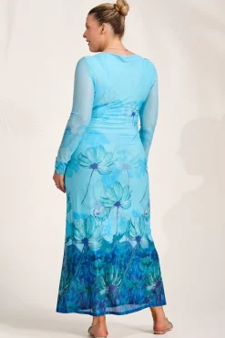 Jolie Moi Occasion Dresses|Floral Dresses-Long Sleeve Slash Neck Mesh Maxi Dress, Blue Floral