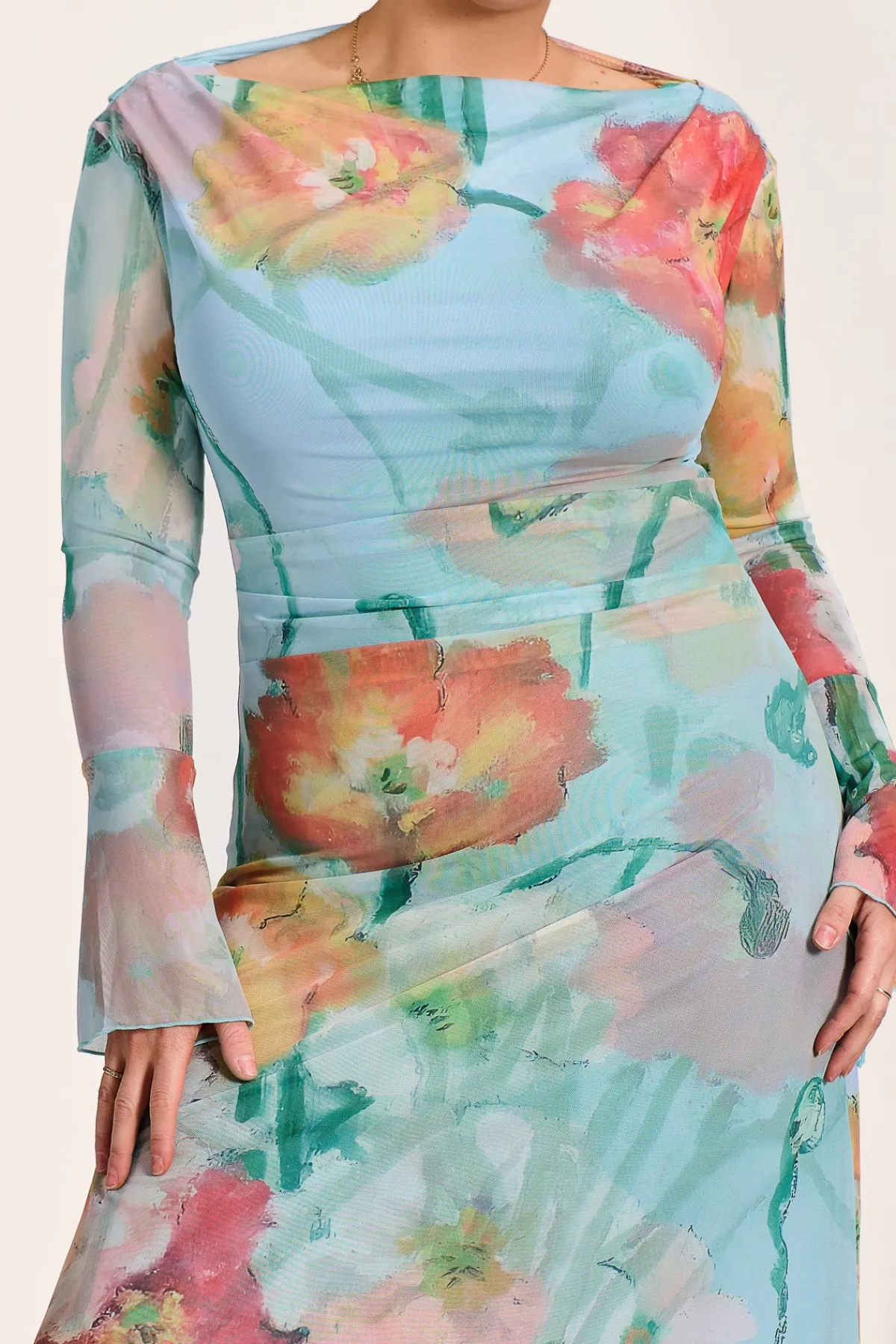 Jolie Moi Occasion Dresses|Floral Dresses-Long Sleeve Slash Neck Mesh Maxi Dress, Blue Floral