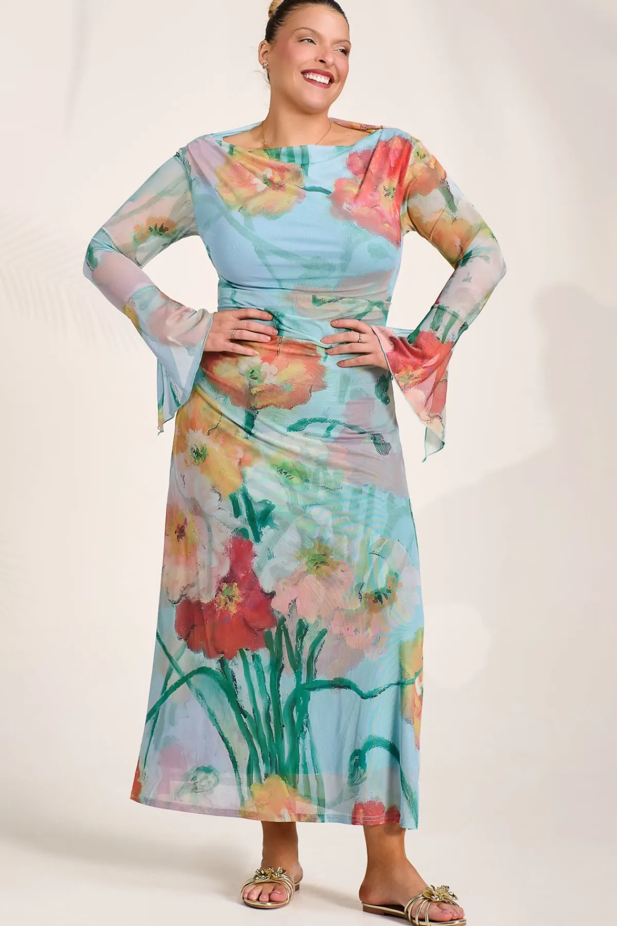 Jolie Moi Occasion Dresses|Floral Dresses-Long Sleeve Slash Neck Mesh Maxi Dress, Blue Floral