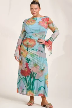 Jolie Moi Occasion Dresses|Floral Dresses-Long Sleeve Slash Neck Mesh Maxi Dress, Blue Floral