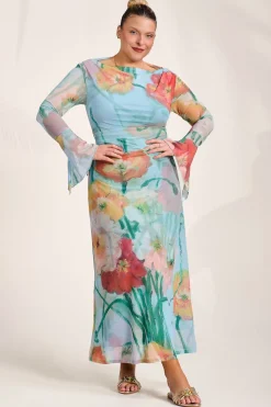 Jolie Moi Occasion Dresses|Floral Dresses-Long Sleeve Slash Neck Mesh Maxi Dress, Blue Floral