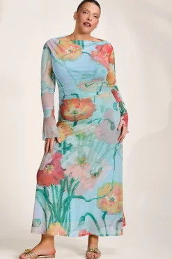 Jolie Moi Occasion Dresses|Floral Dresses-Long Sleeve Slash Neck Mesh Maxi Dress, Blue Floral