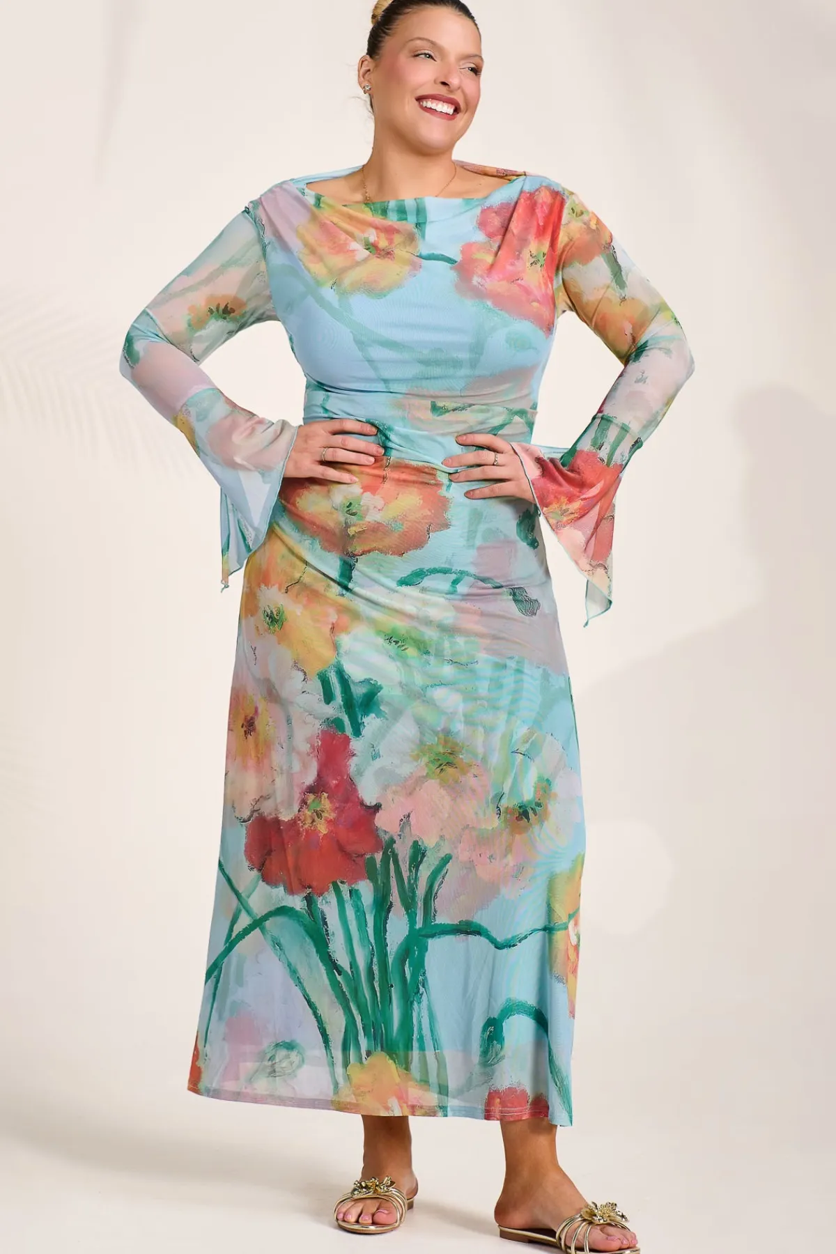 Jolie Moi Occasion Dresses|Floral Dresses-Long Sleeve Slash Neck Mesh Maxi Dress, Blue Floral