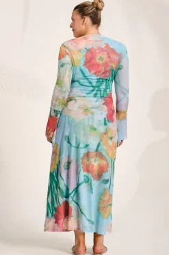 Jolie Moi Occasion Dresses|Floral Dresses-Long Sleeve Slash Neck Mesh Maxi Dress, Blue Floral
